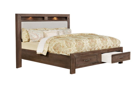 1700 - Dark Oak Storage Bed with Upholstered Headboard & LED Lights